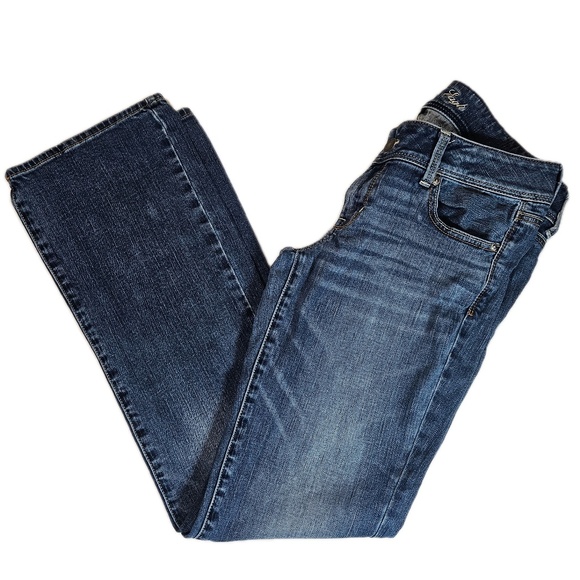 American Eagle Jeans Womens 8 Long Blue Slim Boot Stretch Distressed Denim -flaw - Picture 1 of 8